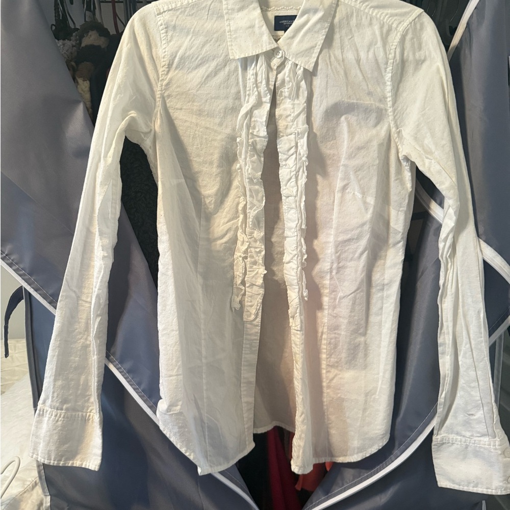 American Eagle White Ruffled Button-Up Shirt - image 1